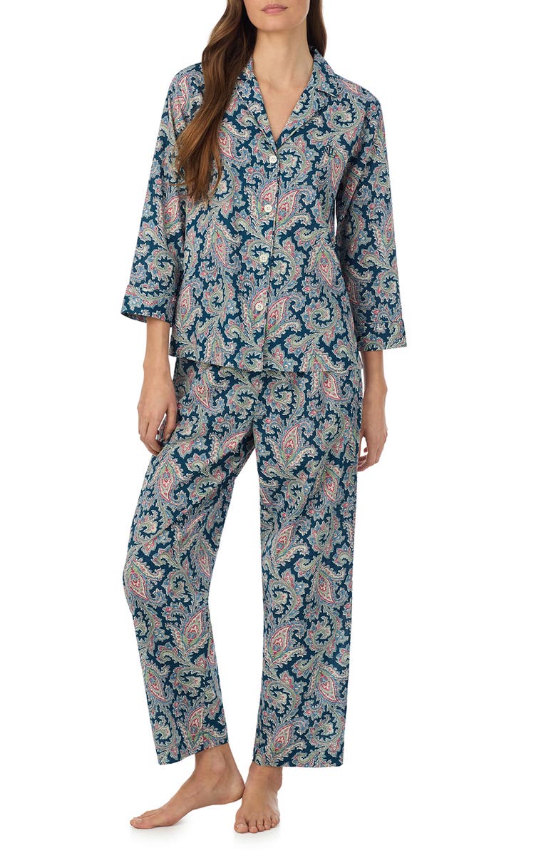 Lauren Ralph Lauren Print Cotton Blend Three-Quarter Sleeve Ankle Length Pajamas, Main, color, 