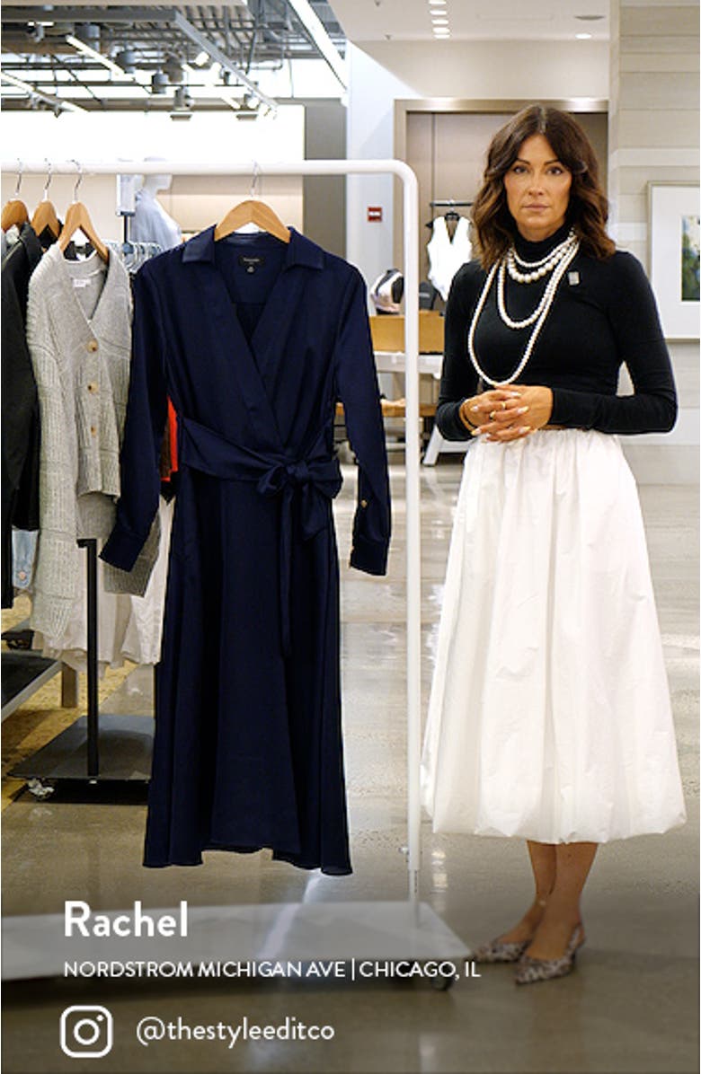 Long Sleeve Hammered Satin Wrap Front Shirtdress, sales video thumbnail