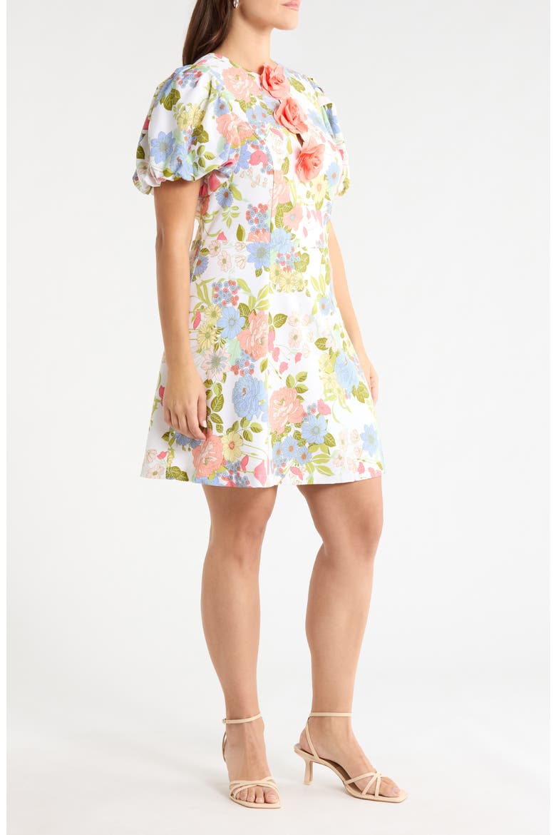 Floral Rosette Puff Sleeve Minidress, Alternate, color, CREAM-MULTI