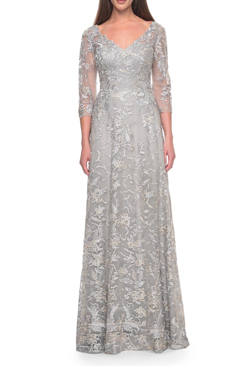 Beautiful Lace A-line Mother of the Bride Dress, Main, color, Silver