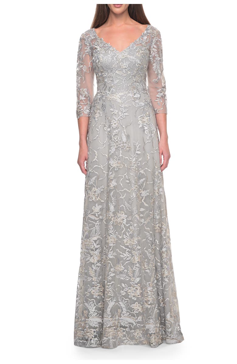 La Femme Beautiful Lace A-line Mother of the Bride Dress, Main, color, Silver