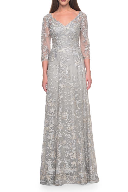 La Femme Beautiful Lace A-line Mother of the Bride Dress in Silver 