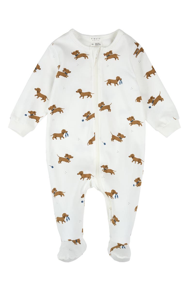 FIRSTS by Petit Lem Dog Print Footed One-Piece Pajamas, Main, color, Off White