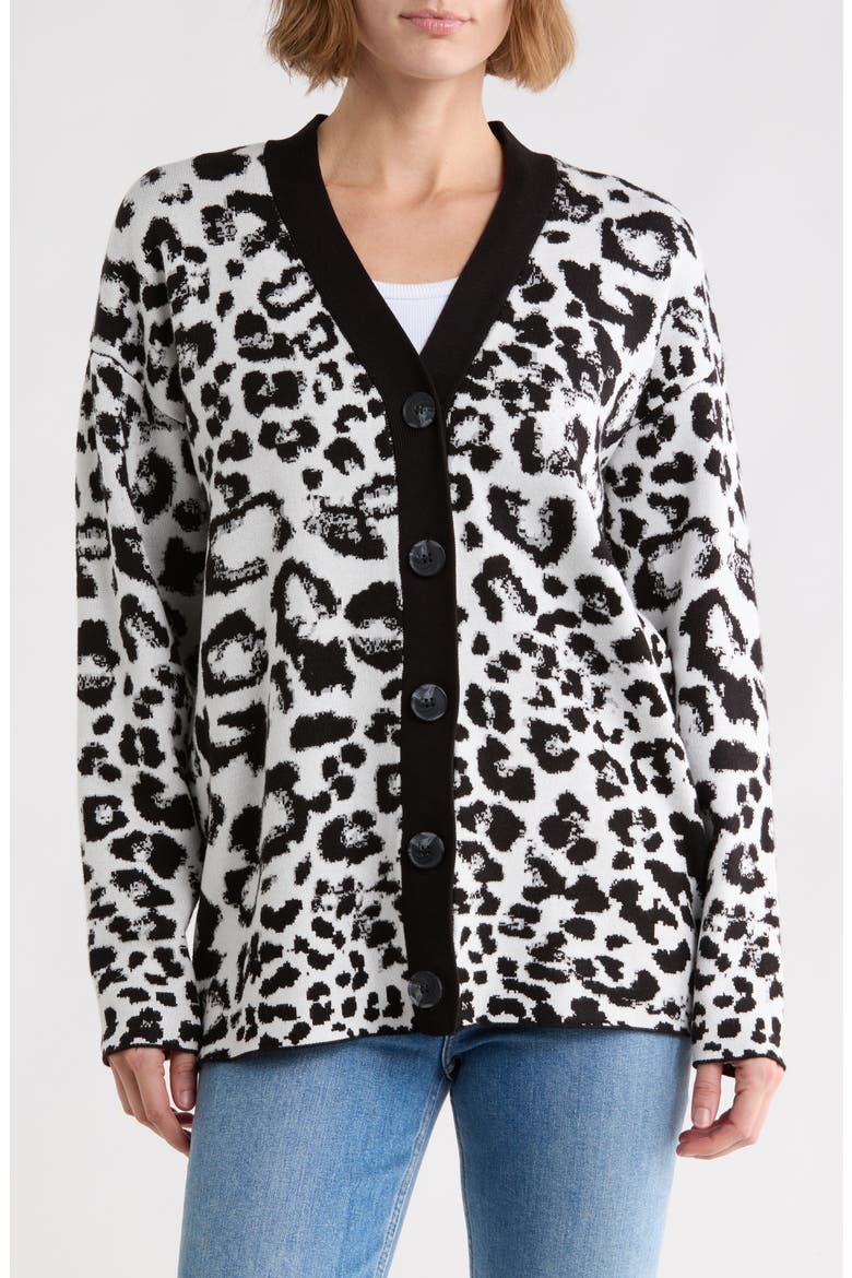 Leopard Jacquard Cardigan, Main, color, BLACK/ IVORY