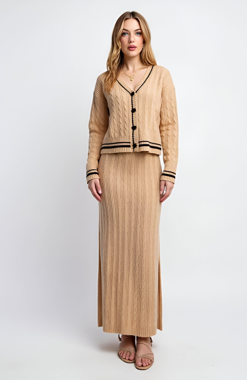 Modenaire Cable Knit Cardigan & Maxi Skirt Set With Striped Trim And Button Detail In Brown