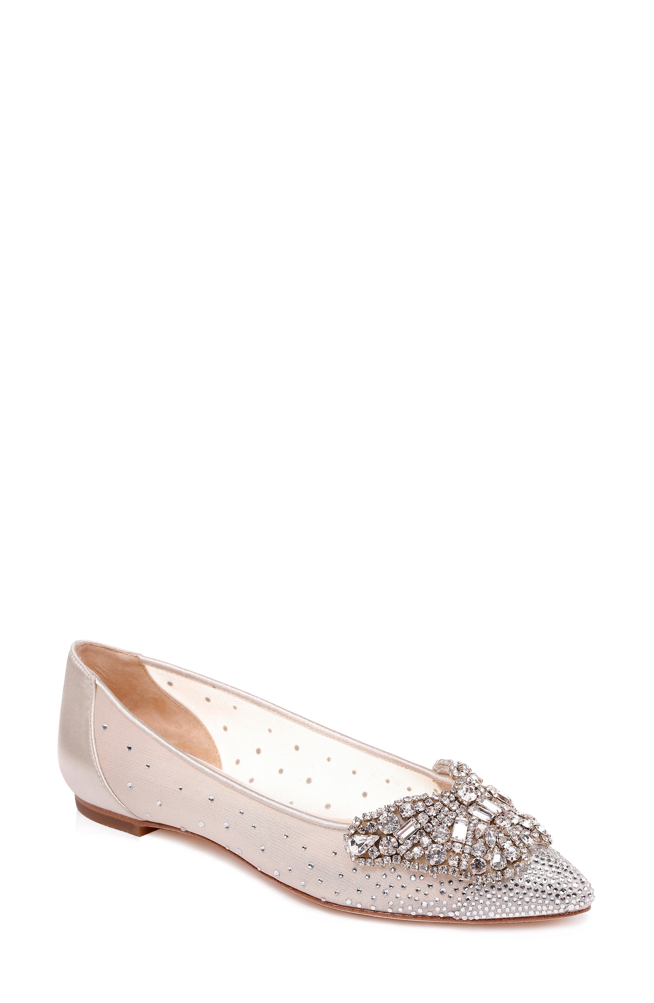 Quinn Embellished Pointed Toe Flat, Main, color, IVORY SATIN/ MESH