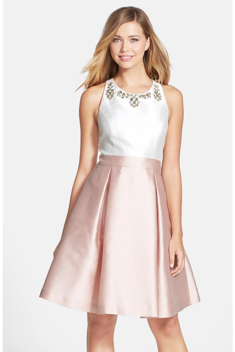 Embellished Colorblock Fit & Flare Dress, Main, color, BLUSH
