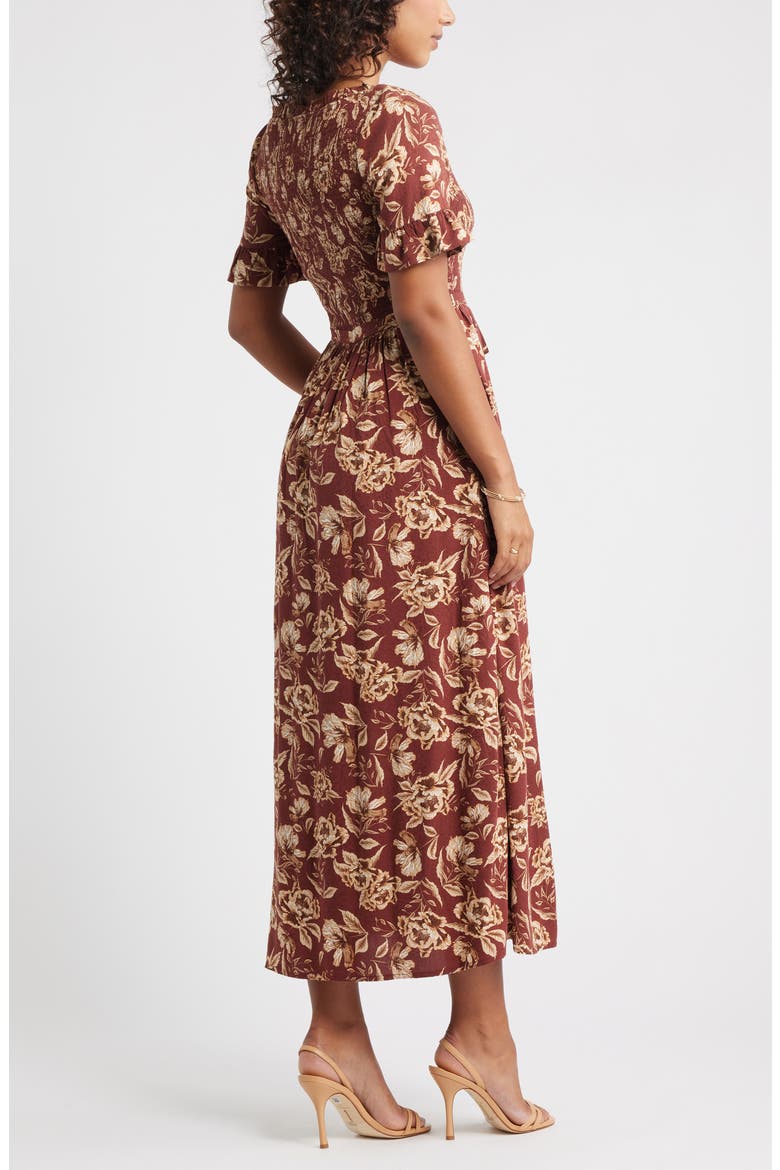 Smocked Ruffle Bodice Maxi Dress, Alternate, color, BROWN FRANNIE FLORAL