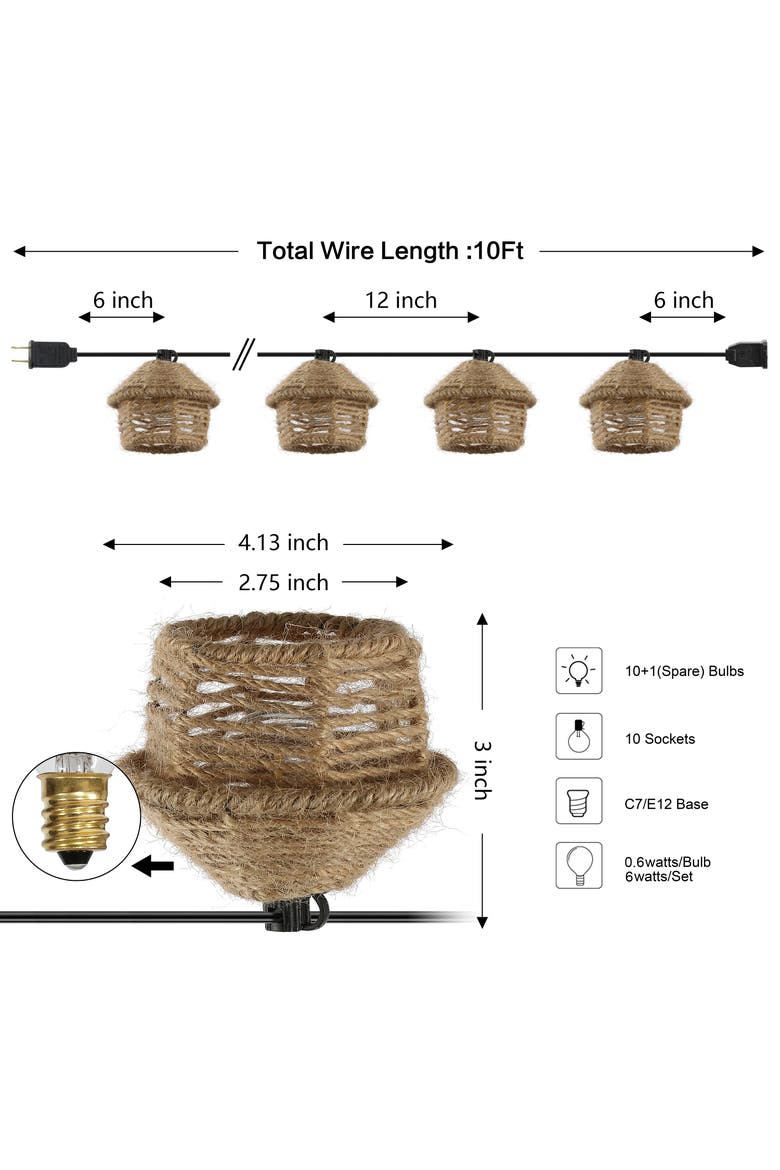 Maui 10-Light Indoor/Outdoor Mid-Century Vintage Incandescent G40 Tiki Hut Hemp Rope Shaded String Lights, Alternate, color, Brown