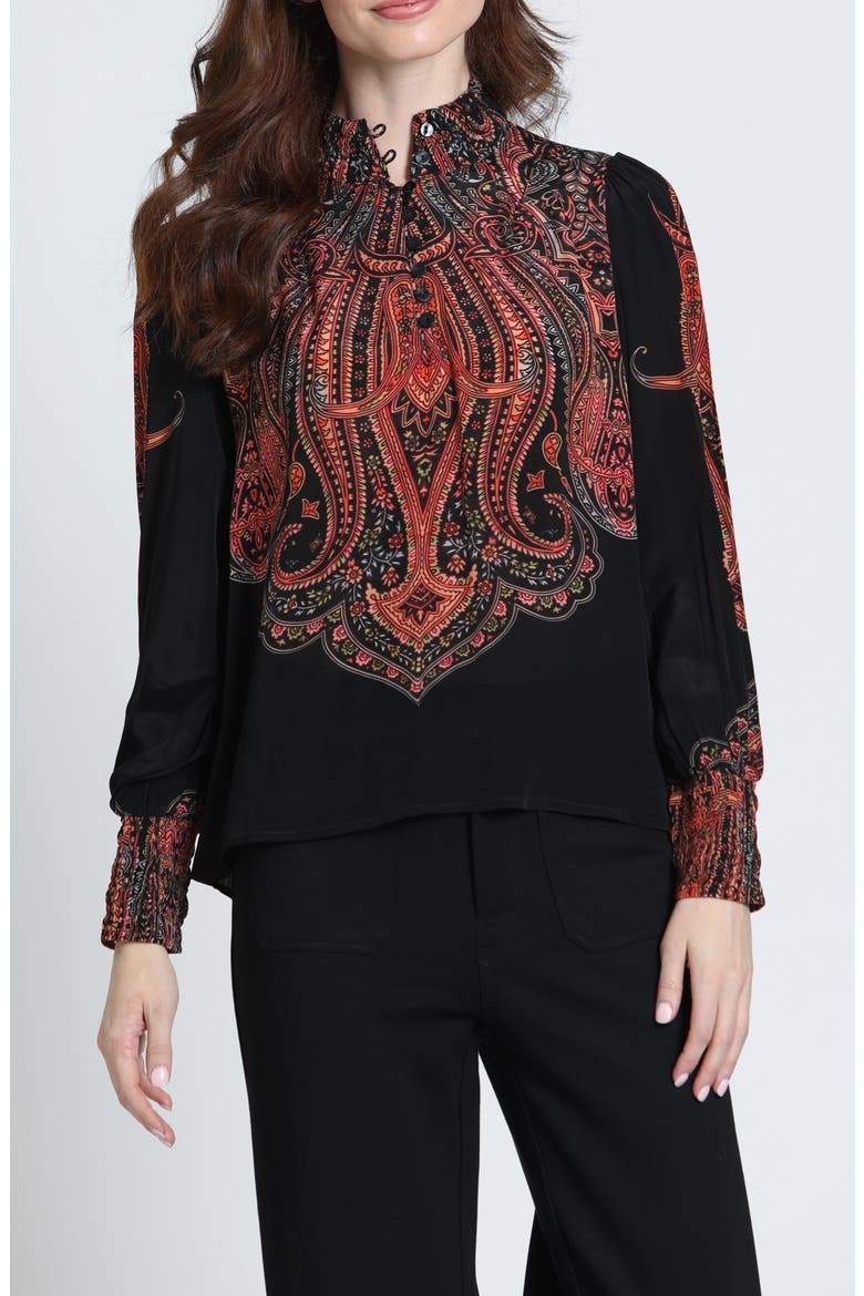 Print Smocked Cuff Long Sleeve Top, Main, color, CARBON/CORAL FLARE