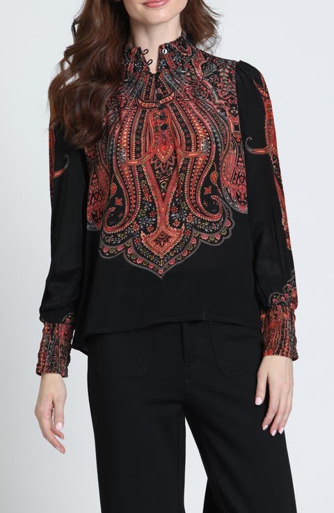 Print Smocked Cuff Long Sleeve Top