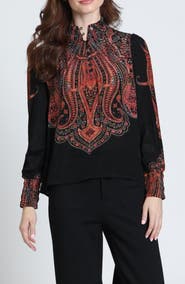 APNY Print Smocked Cuff Long Sleeve Top