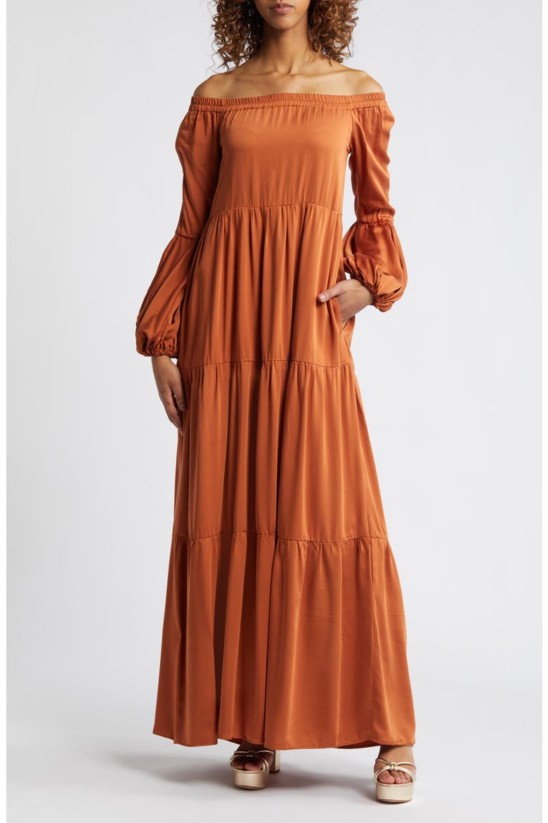 Kudi Long Sleeve Off the Shoulder Dress, Main, color, RUST