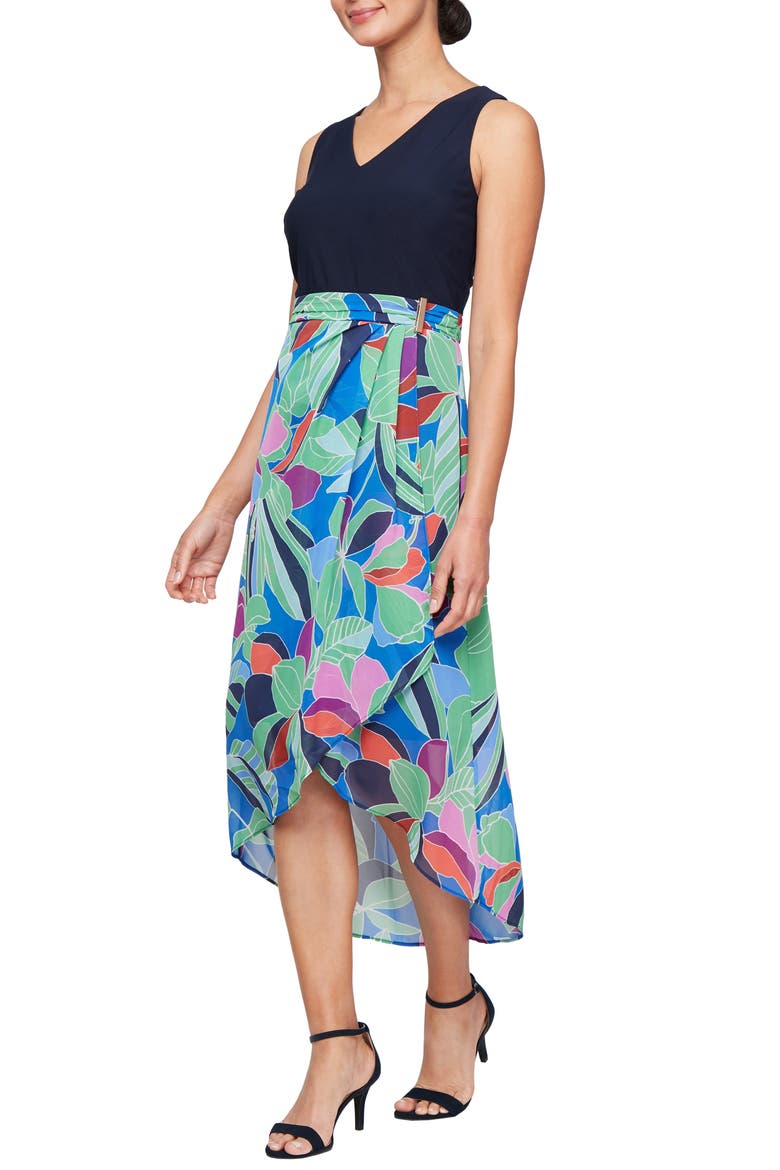 Mixed Media Cocktail Dress, Main, color, NAVY MULTI