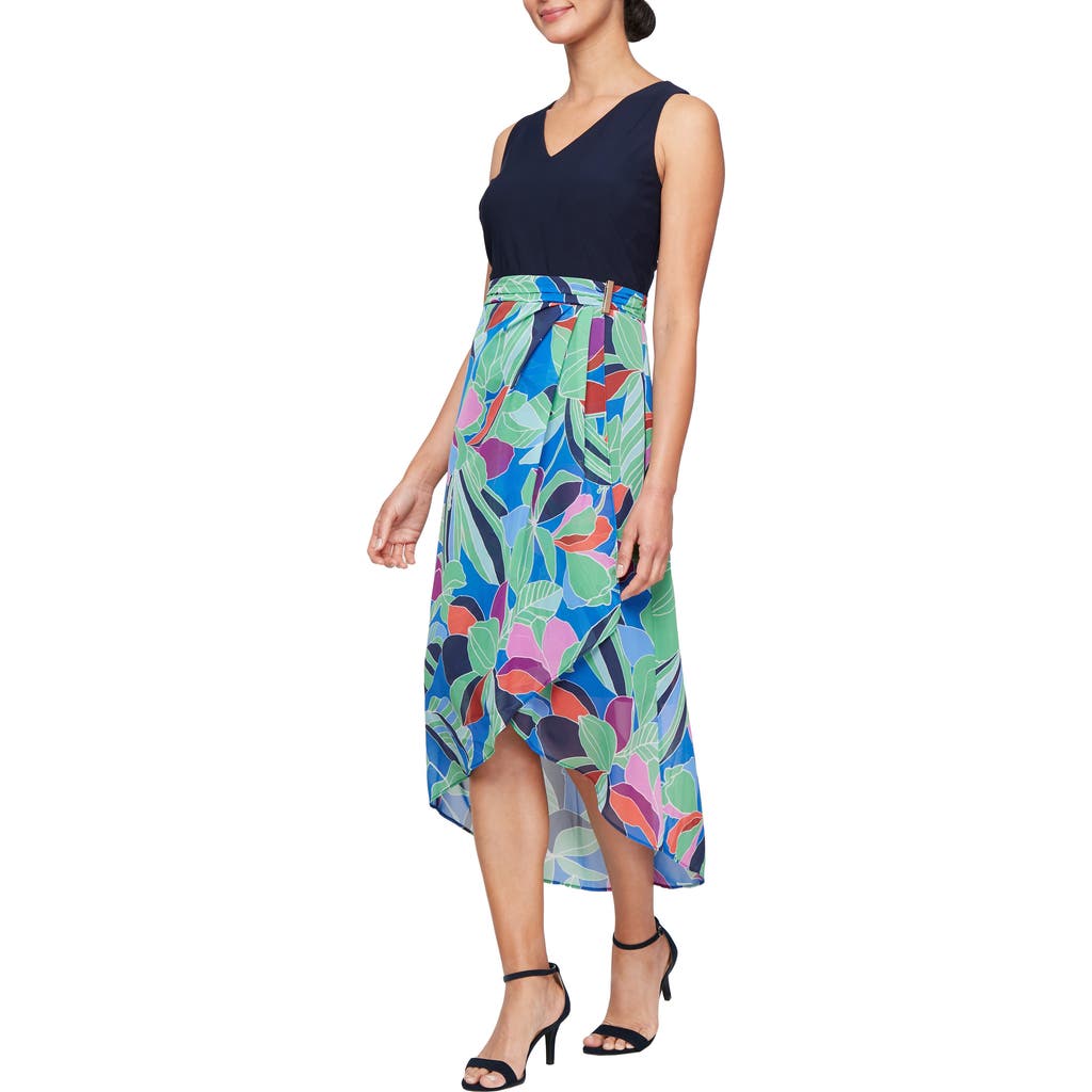 Sl Fashions Mixed Media Cocktail Dress In Navy Multi
