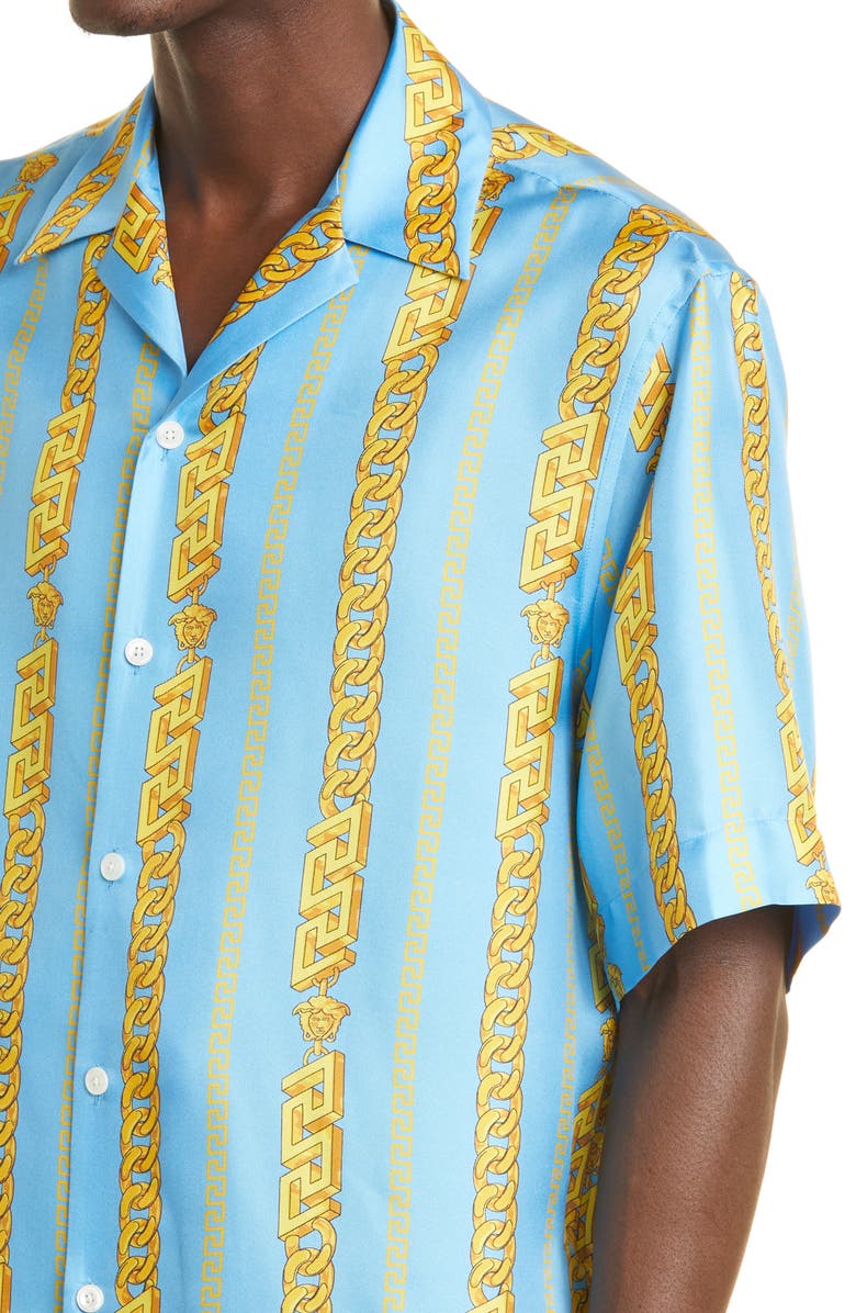 Versace Chain Print Silk Button-Up SHirt, Alternate, color, 