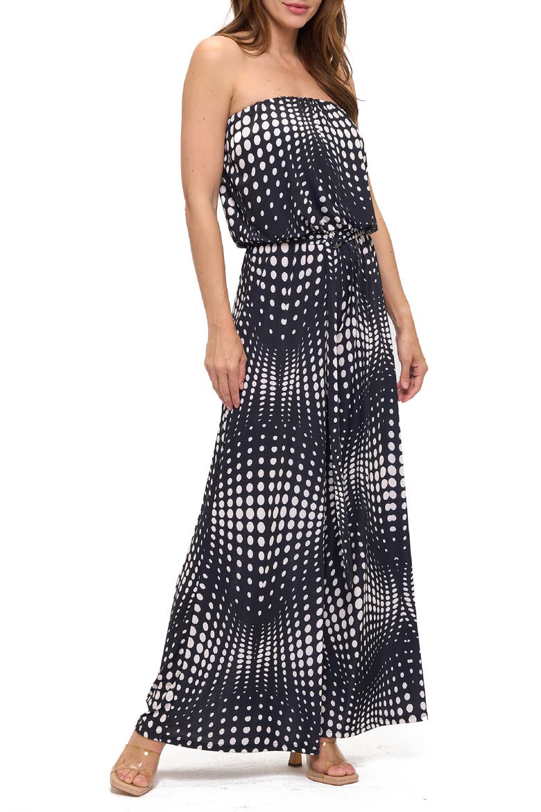 Printed Wide Leg Strapless Jumpsuit, Alternate, color, BLACK/ WHITE