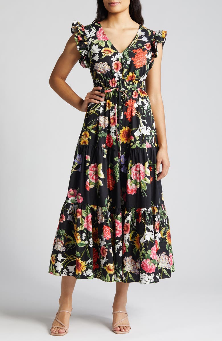 Anne Klein Floral Tiered Cotton Maxi Dress, Main, color,