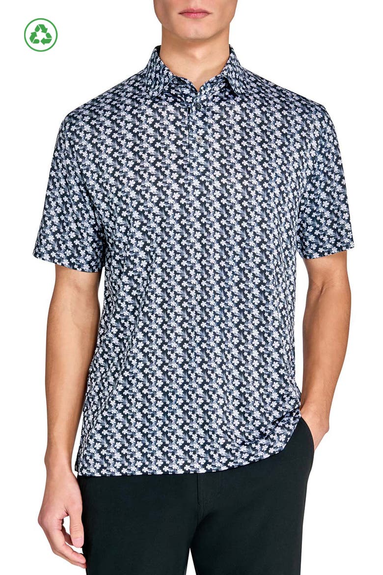 Regular Fit Tropical Flower Recycled Performance Golf Polo, Main, color, BLACK/WHITE