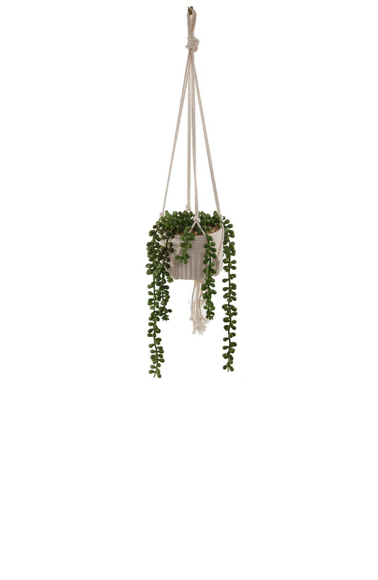 FLORA BUNDA White Faux Macramé Hanging Ceramic Planter, Main, color, 