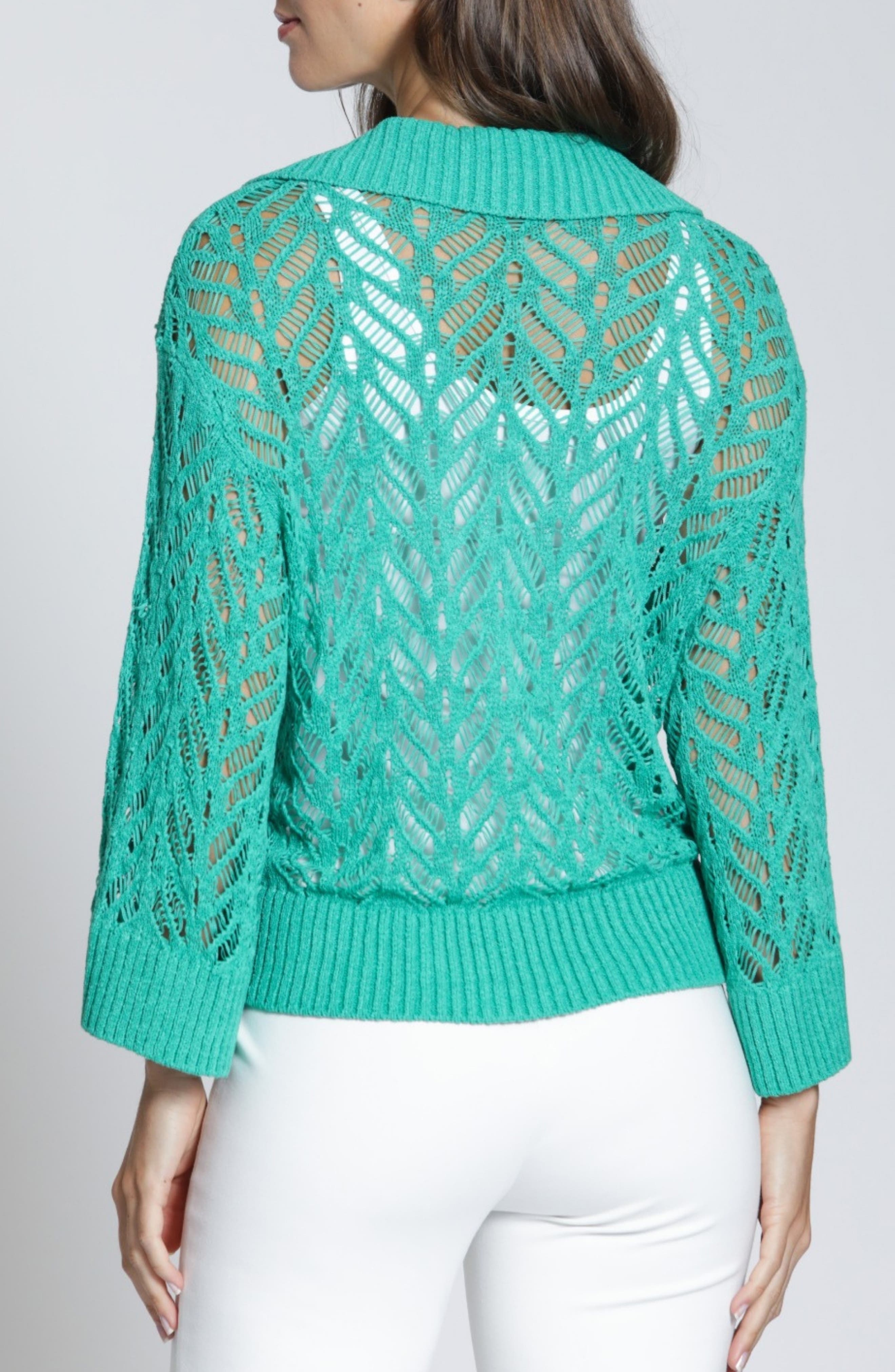 Leafy Open Knit Polo Sweater - image 2
