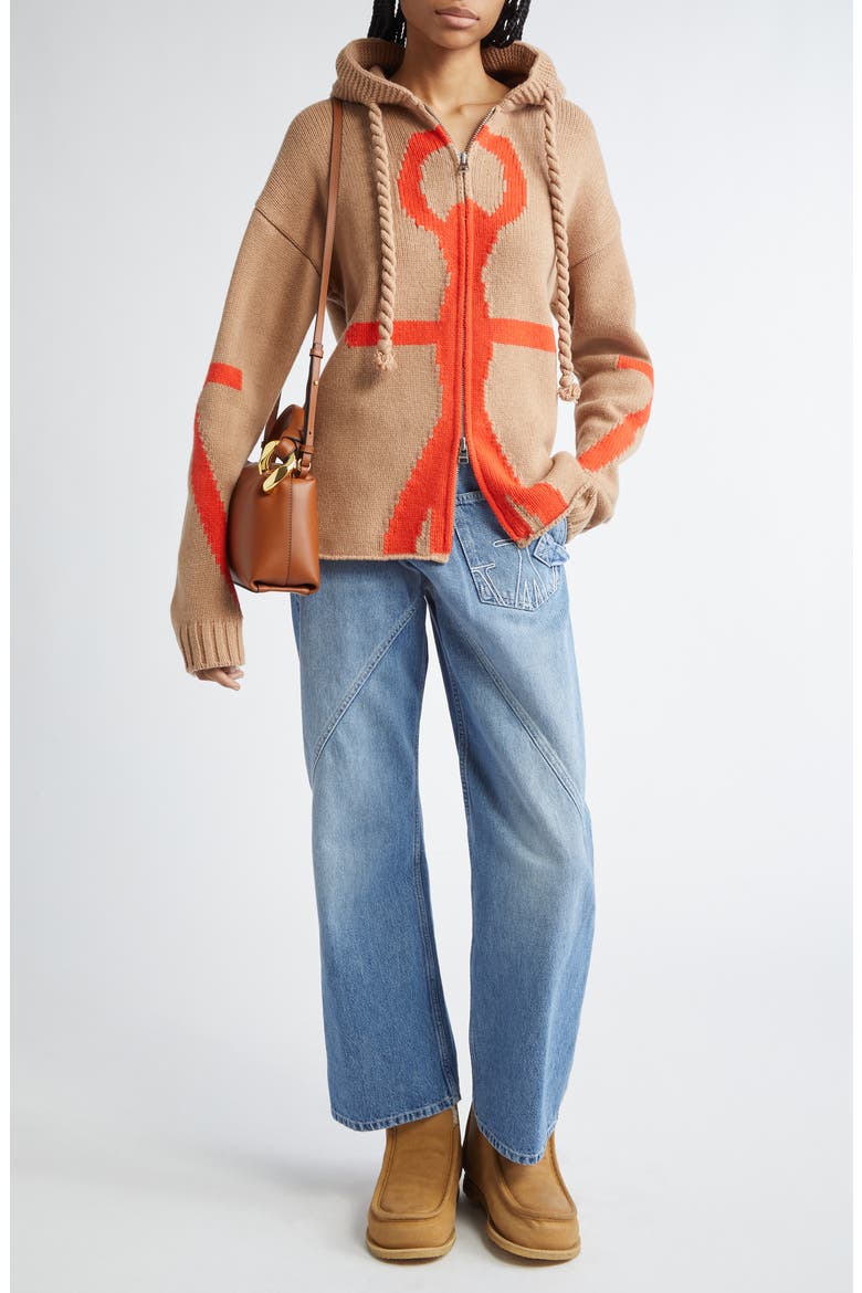 Anchor Intarsia Hooded Wool Zip Sweater, Alternate, color, BEIGE