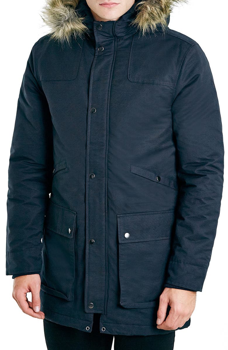 Topman Navy Heavyweight Fishtail Parka with Faux Fur Trimmed Hood, Main, color,