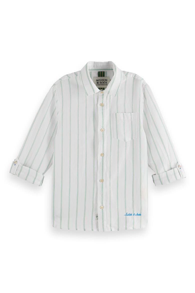 Kids' Stripe Linen & Cotton Button-Up Shirt, Alternate, color, WHITE/ BRIGHT GREEN/ STRIPE