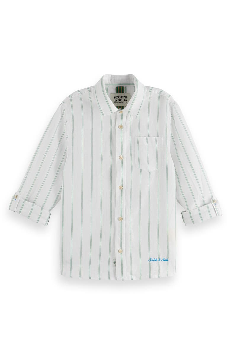 Scotch & Soda Kids' Stripe Linen & Cotton Button-Up Shirt, Alternate, color, White/ Bright Green/ Stripe