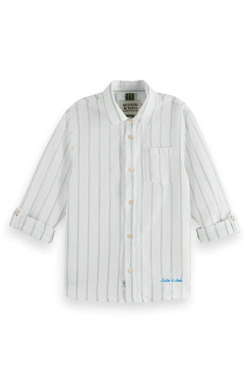 Scotch & Soda Kids' Stripe Linen & Cotton Button-up Shirt In White/bright Green/stripe