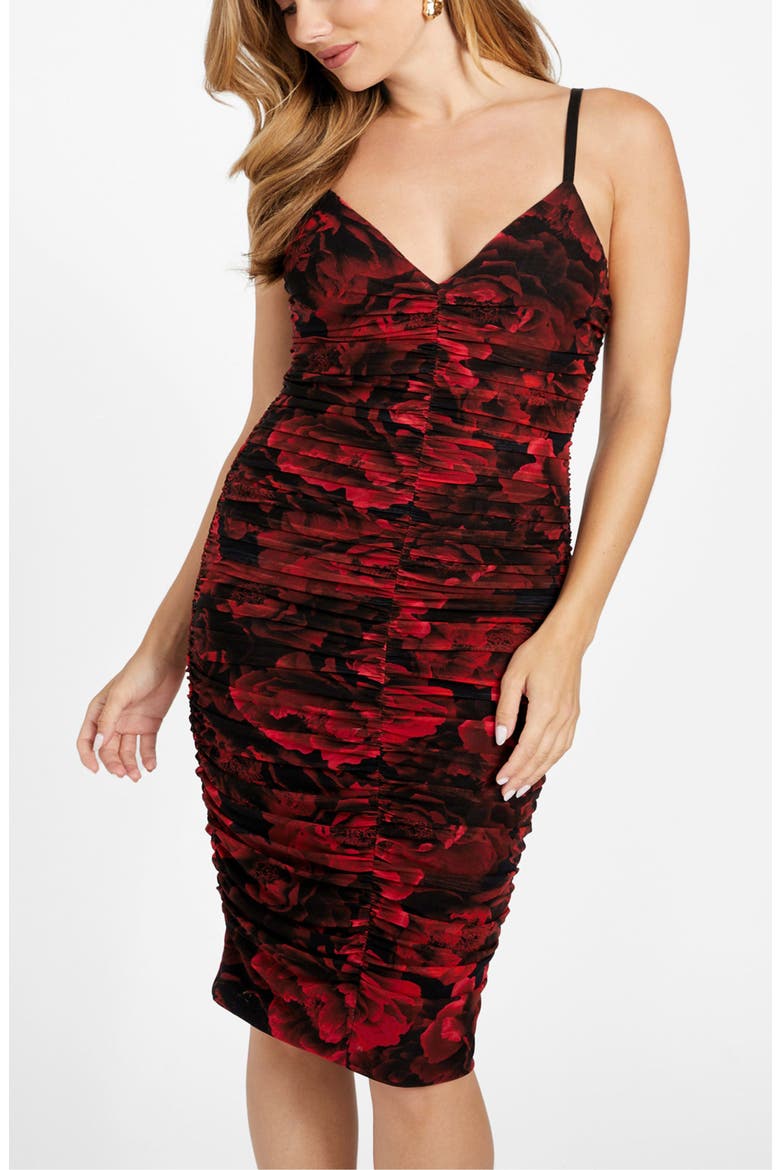 Passion Flower Ruched Mesh Body-Con Dress, Alternate, color, MEDIUM RED