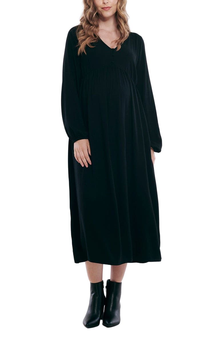 MOTHERHOOD MATERNITY Long Sleeve Button Front Maternity Midi Dress, Main, color, Black
