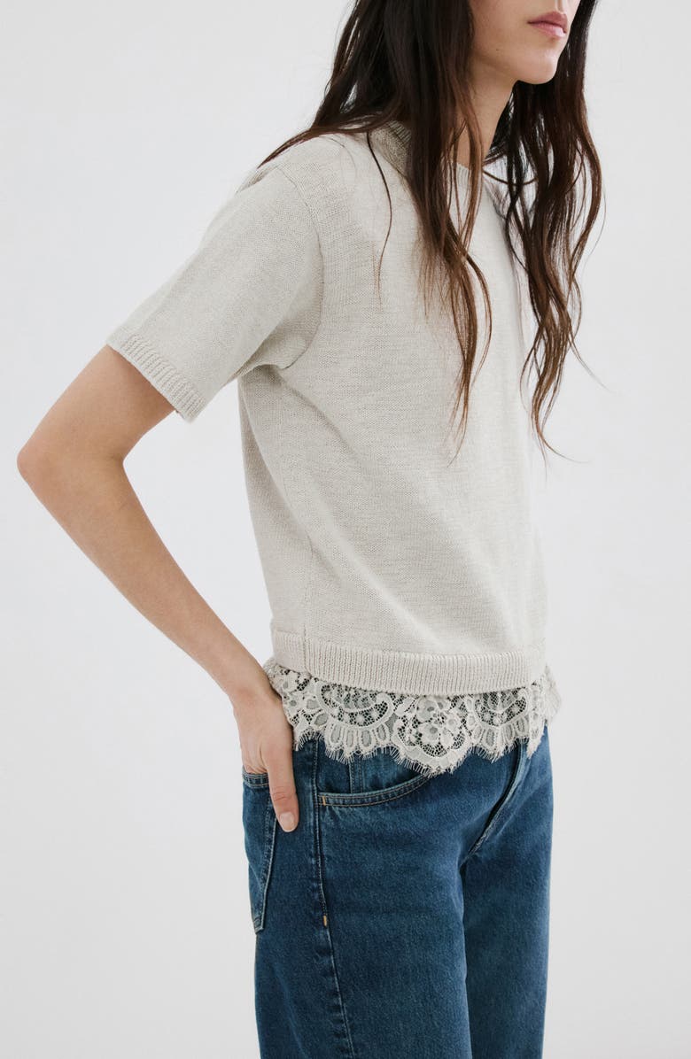 MANGO Lace Trim Short Sleeve Sweater, Main, color, Light/ Pastel Grey