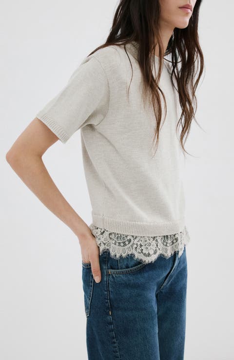 Lace Trim Short Sleeve Sweater