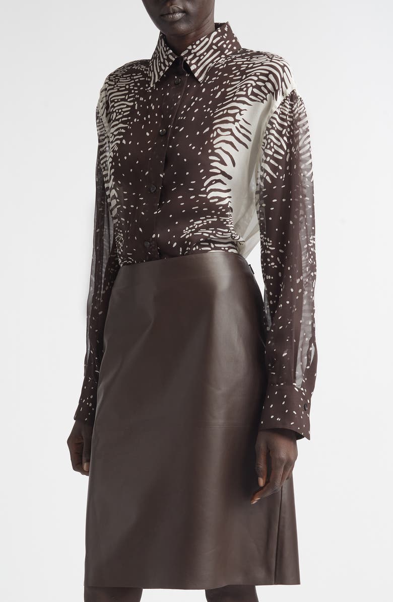 FERRAGAMO Animal Print Silk Chiffon Button-Up Shirt, Main, color, 0967/ 701 Parchment/ Expresso