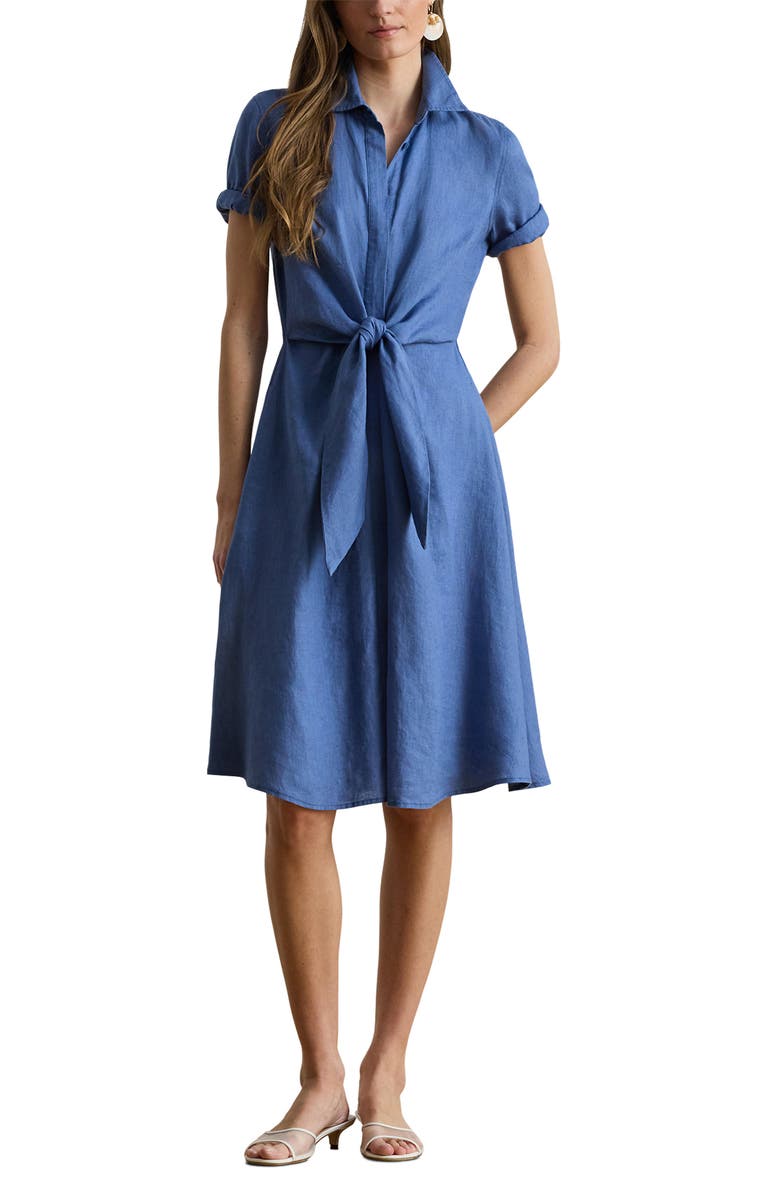Lauren Ralph Lauren Tie Waist Linen Shirtdress, Main, color, Carson Blue