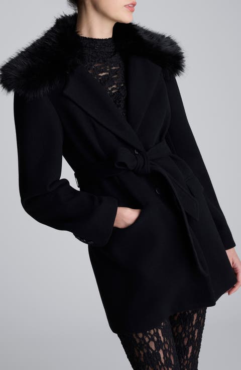 Belted Jacket with Faux Fur Collar