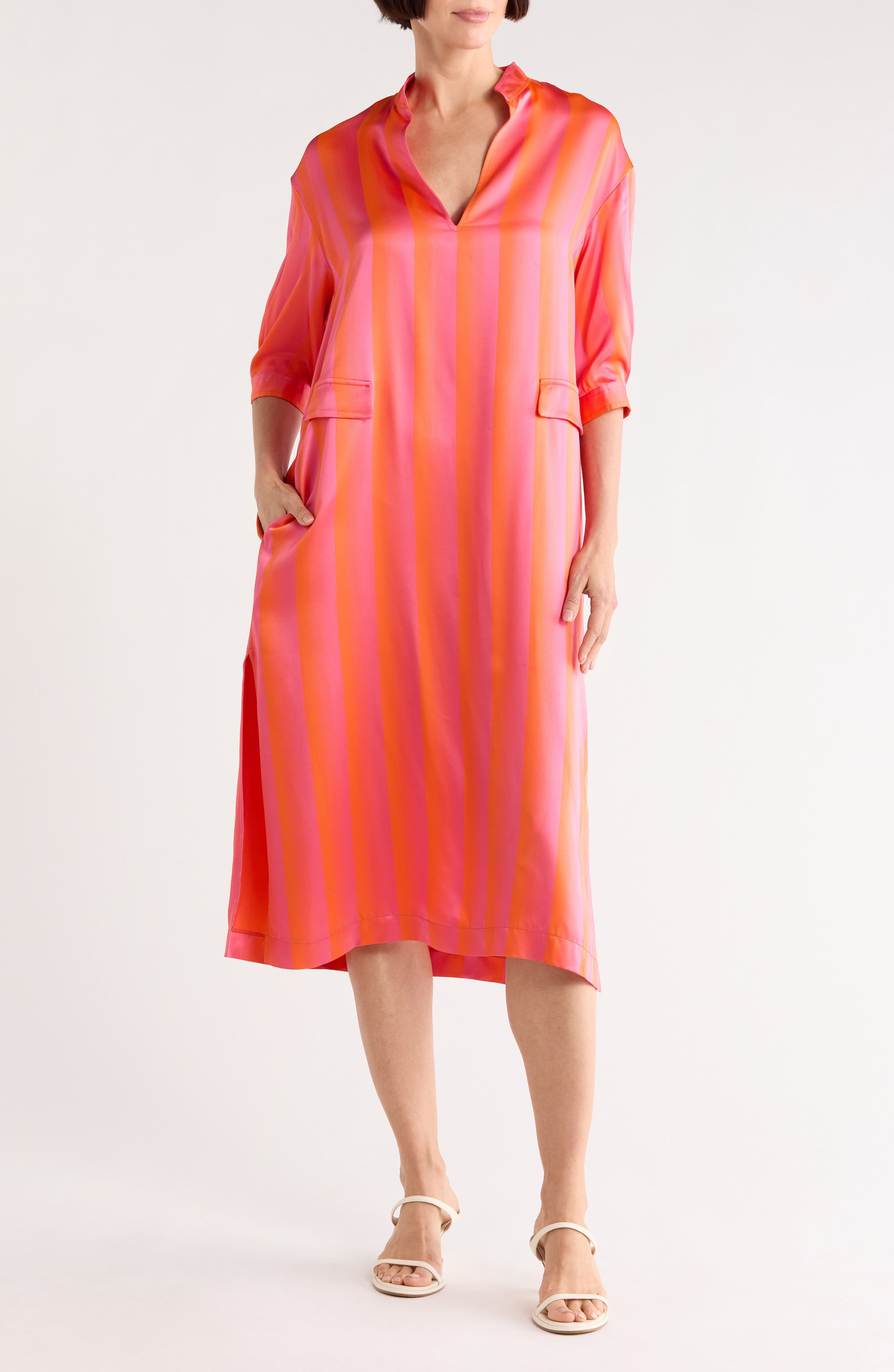 Longchamp Stripe Satin Split Neck Midi Dress