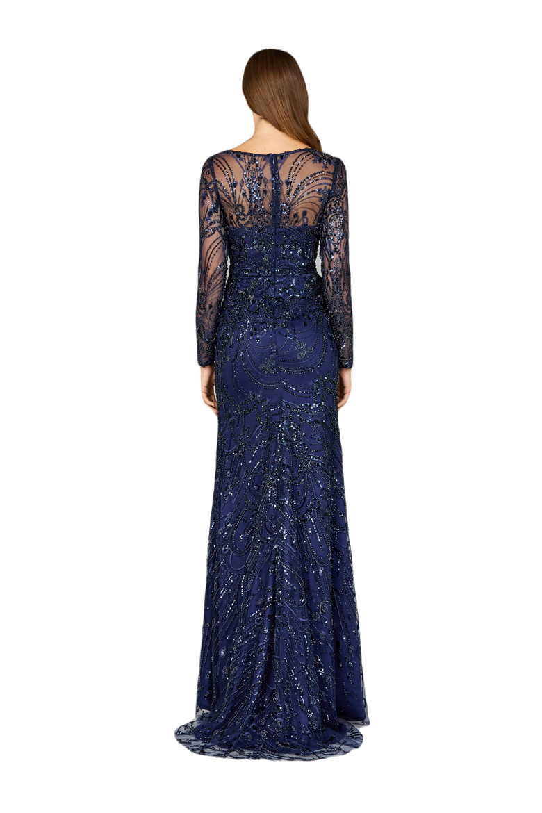 Long Sleeve Lace Gown, Alternate, color, Navy