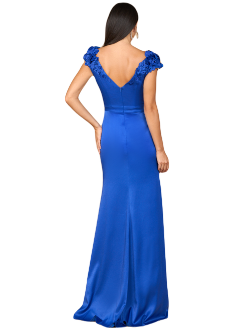 Lara New York V-neck, Satin Backed Crepe Gown In Royal Blue