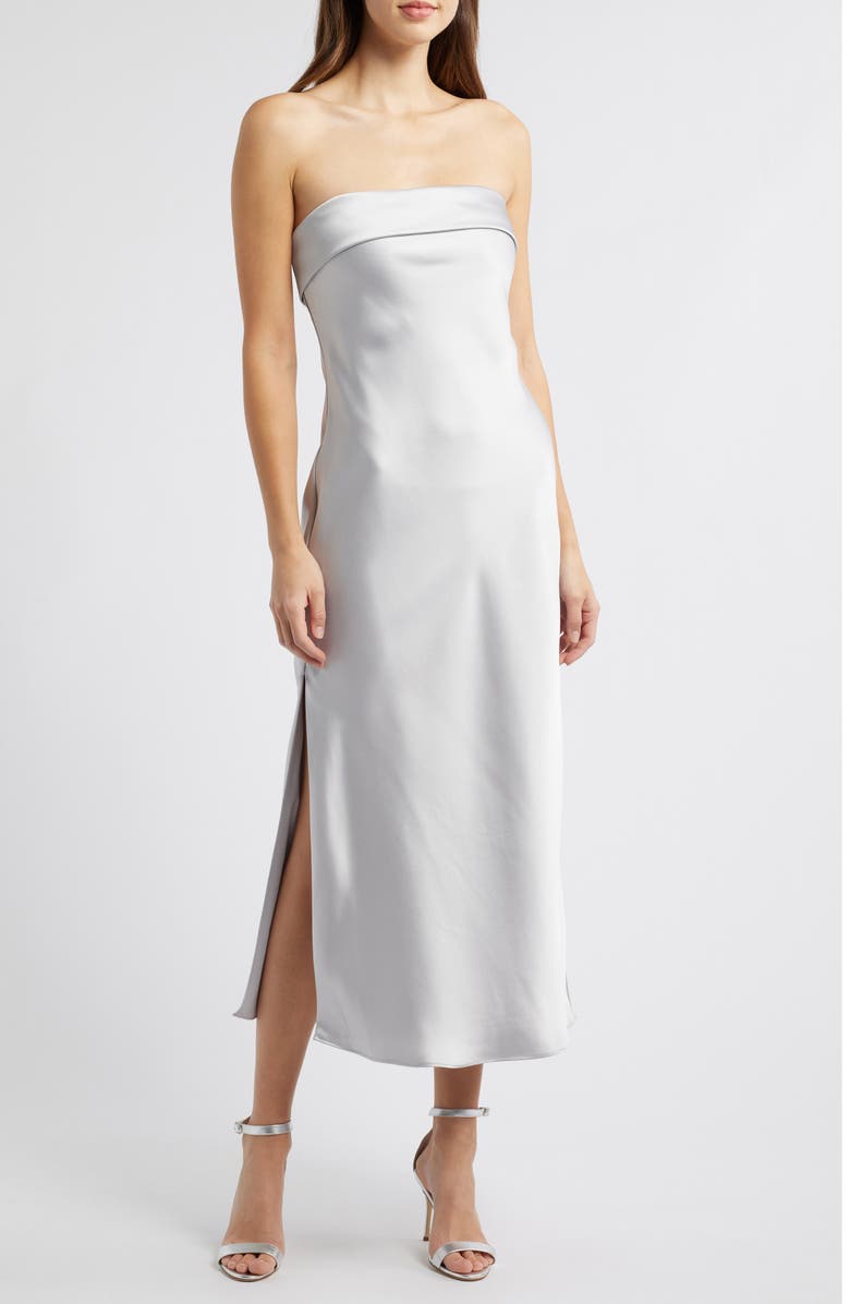 Amsale Faye Strapless Satin Cocktail Dress, Main, color, Platinum