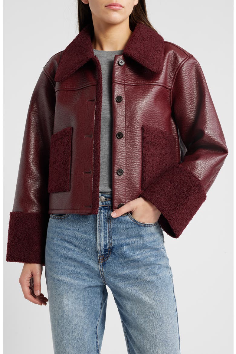 Dria Faux Leather & Faux Shearling Jacket, Main, color, MAROON SHEARLING