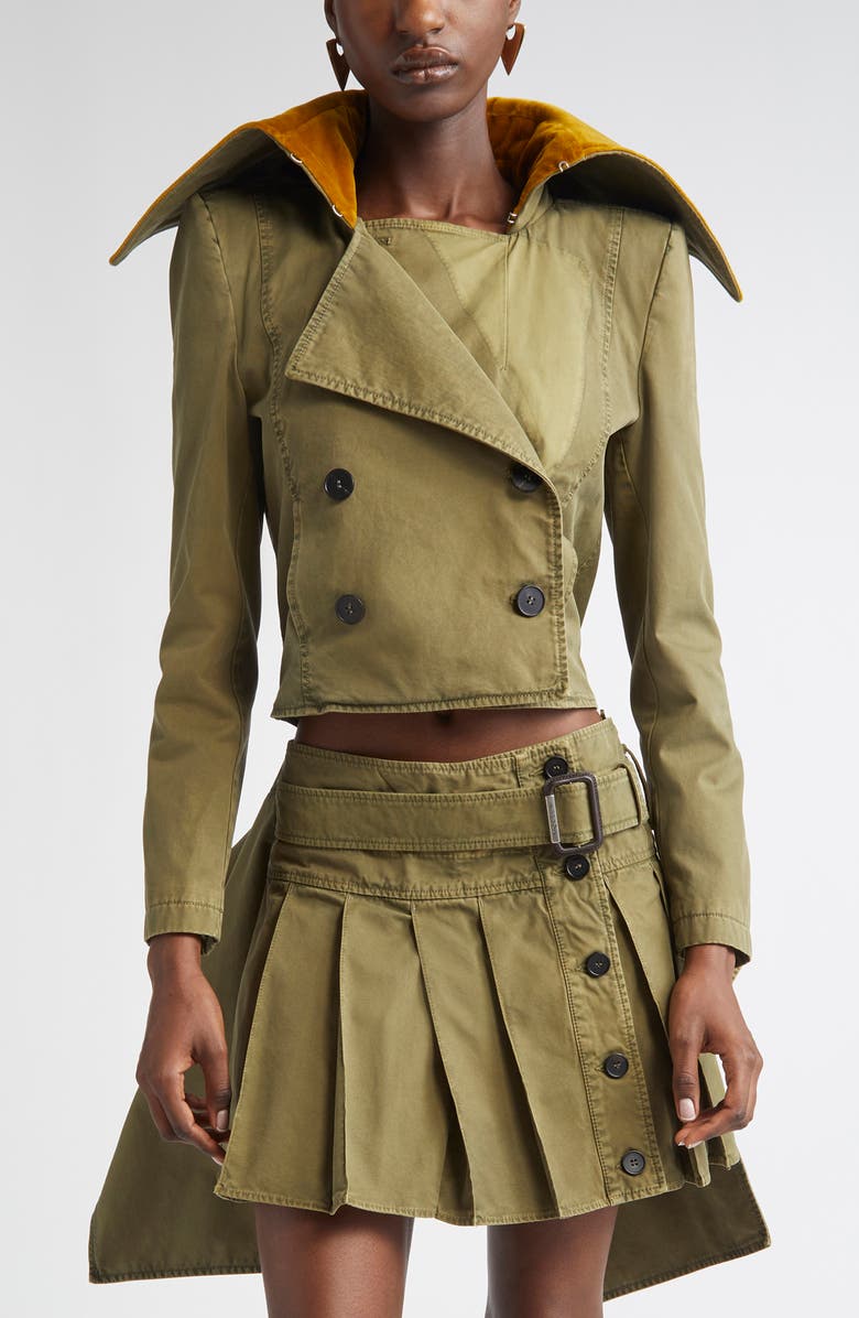 McQueen Velvet Collar Double Breasted Twill Peplum Jacket, Main, color, Khaki
