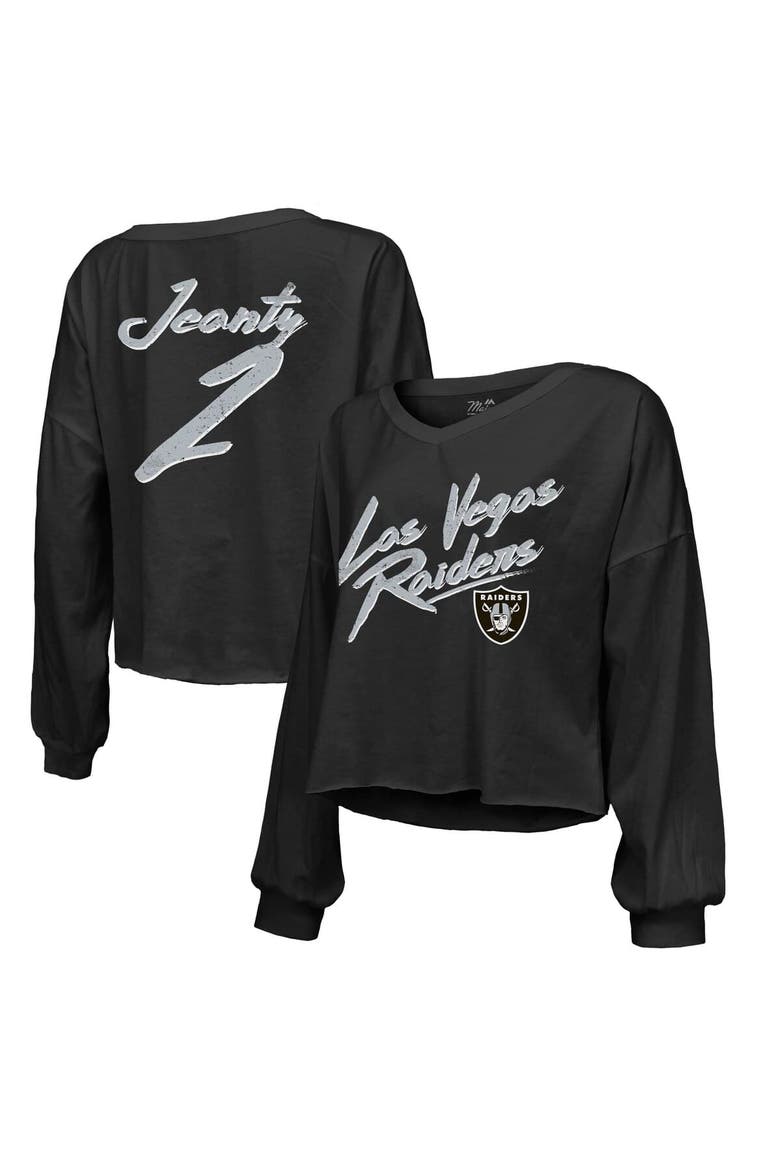 Women's Majestic Threads Ashton Jeanty Black Las Vegas Raiders Name & Number Off-Shoulder Script Cropped Long Sleeve Relaxed V-Neck T-Shirt, Main, color, Black