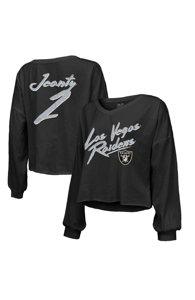 Majestic Threads Women's Majestic Threads Ashton Jeanty Black Las Vegas Raiders Name & Number Off-Shoulder Script Cropped Long Sleeve Relaxed V-Neck T-Shirt, Main, color, Black