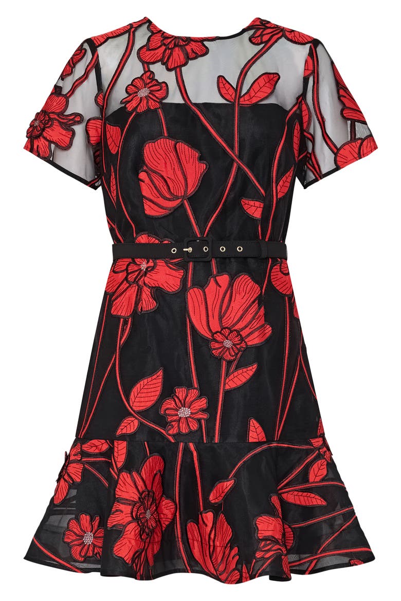 Rosie Grand Fleur Embroidered Dress, Alternate, color, BLACK/ RED