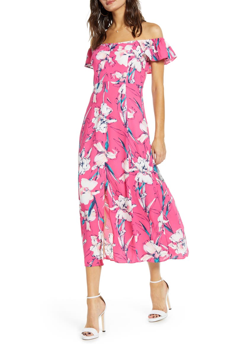 Floral Flounce Detail Dress, Main, color, PINK MAGENTA INKED IRIS