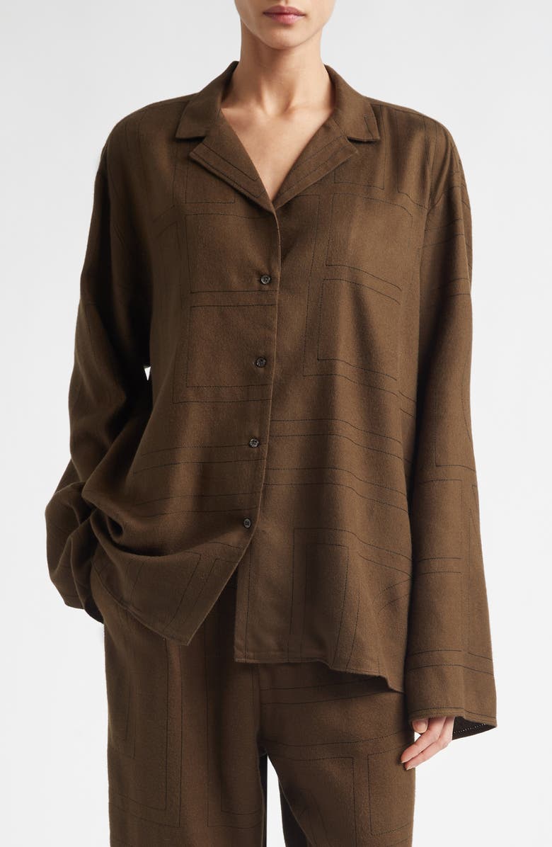 TOTEME Monogram Embroidered Flannel Button-Up Shirt, Main, color, Dark Brown