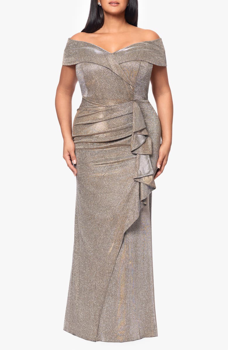 Xscape Evenings Raveena Foil Knit Off the Shoulder Ruched Gown, Main, color, Sand