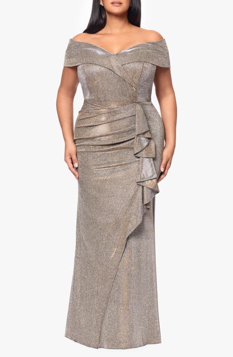 Raveena Foil Knit Off the Shoulder Ruched Gown (Plus)